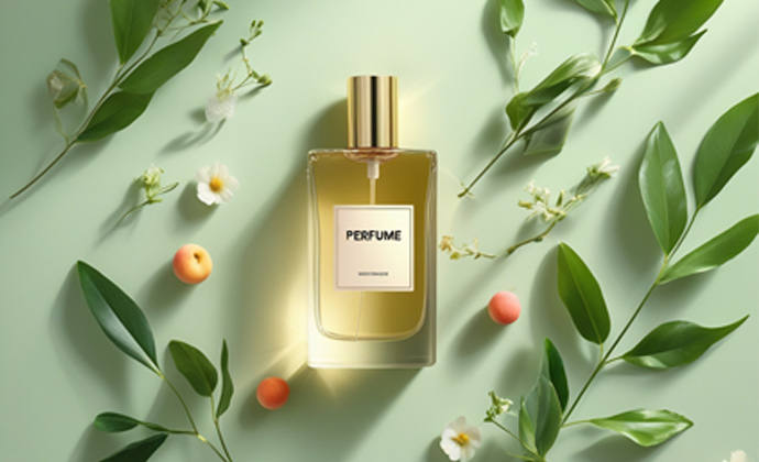 عطر با ترکیبات طبیعی در کنار برگ‌ها و میوه‌های جنگلی